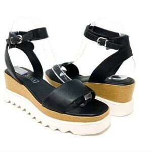 Sol Sana Black Leather Platform Wedge Ankle Strap Sandals - Size 7.5 EUR 38